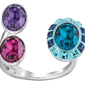 Swarovski Eminence Rhodium Plated Tri-Color Crystals Open Shank Ring Sz 52 US 6